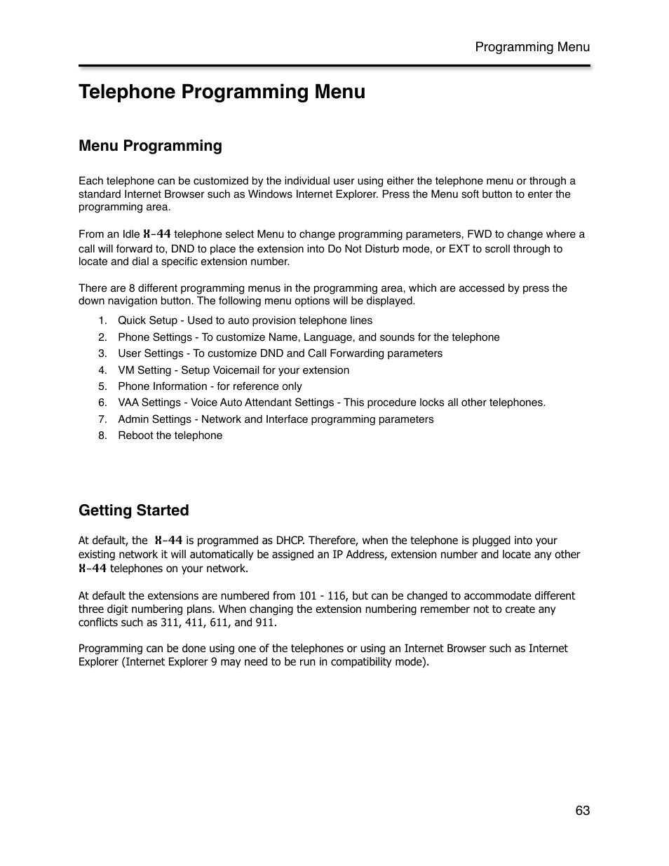 Telephone programming menus, Telephone programming menu, Menu programming | Getting started | Xblue Networks X-44 User Manual | Page 63 / 98