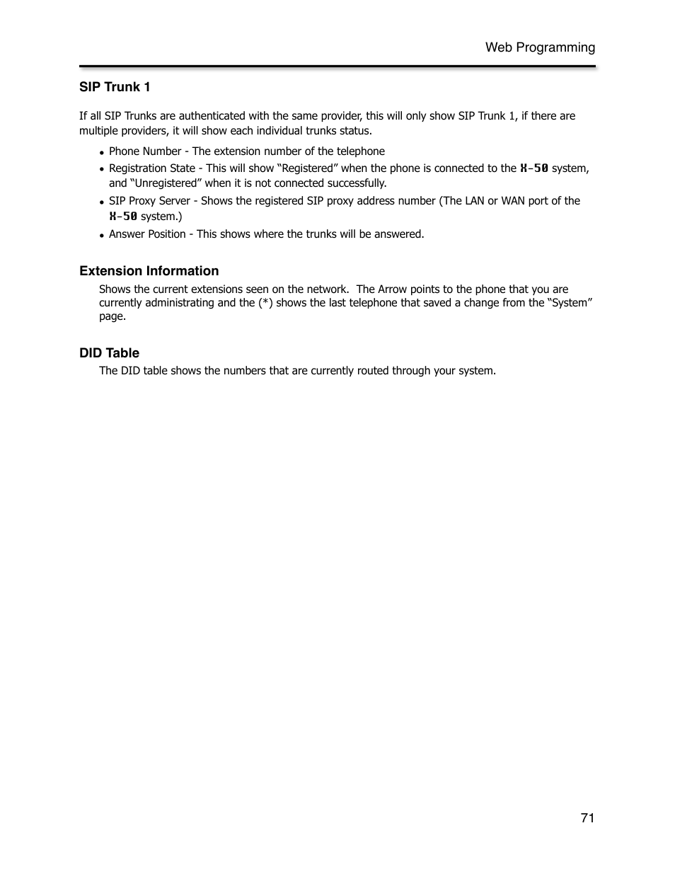 Sip trunk 1, Extension information, Did table | Xblue Networks X-44 User Manual | Page 71 / 98