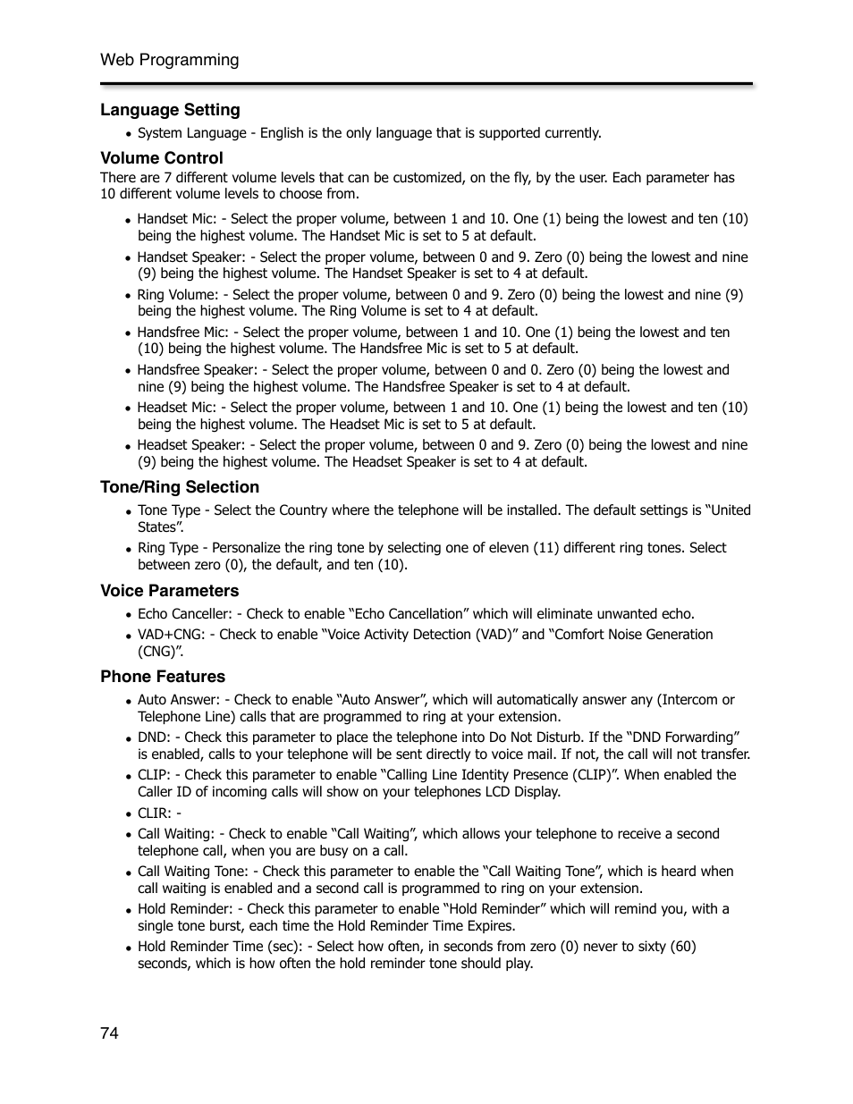 Language setting, Volume control, Tone/ring selection | Voice parameters, Phone features | Xblue Networks X-44 User Manual | Page 74 / 98