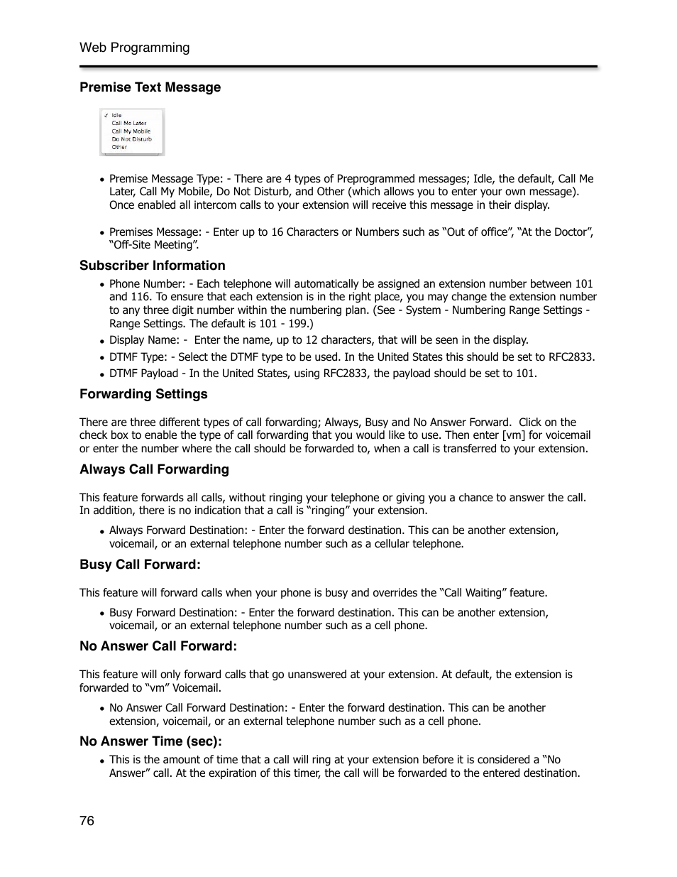 Premise text message, Subscriber information, Forwarding settings | Always call forwarding, Busy call forward, No answer call forward, No answer time (sec) | Xblue Networks X-44 User Manual | Page 76 / 98