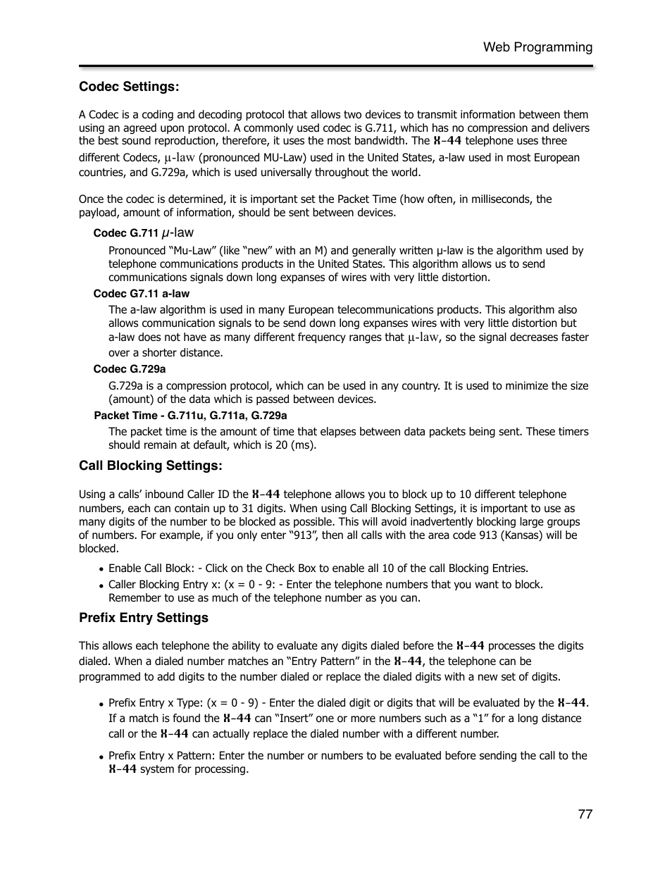 Codec settings, Call blocking settings, Prefix entry settings | Xblue Networks X-44 User Manual | Page 77 / 98