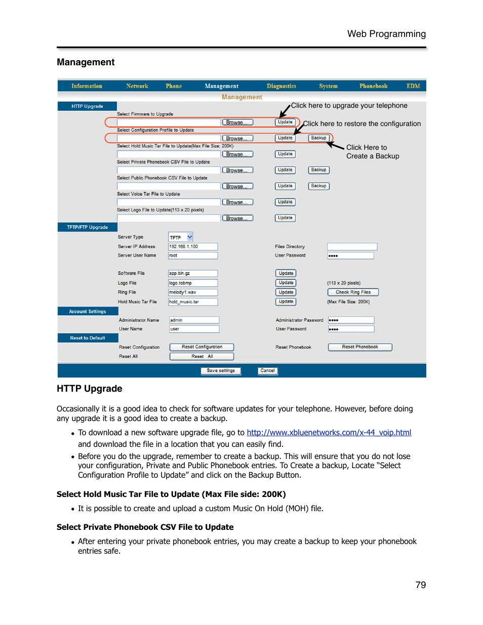 Management, Http upgrade | Xblue Networks X-44 User Manual | Page 79 / 98