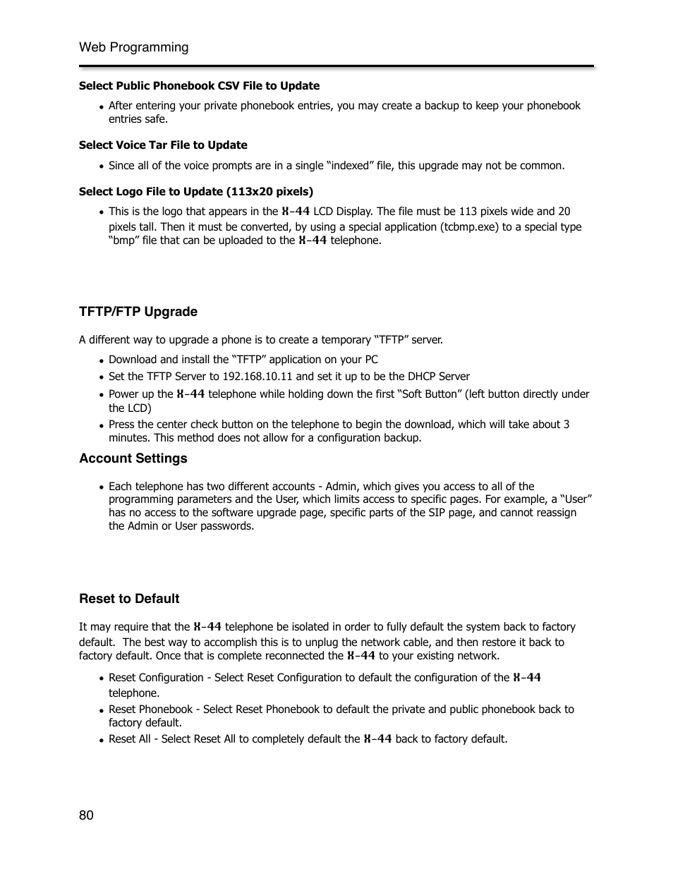 Tftp/ftp upgrade, Account settings, Reset to default | Xblue Networks X-44 User Manual | Page 80 / 98