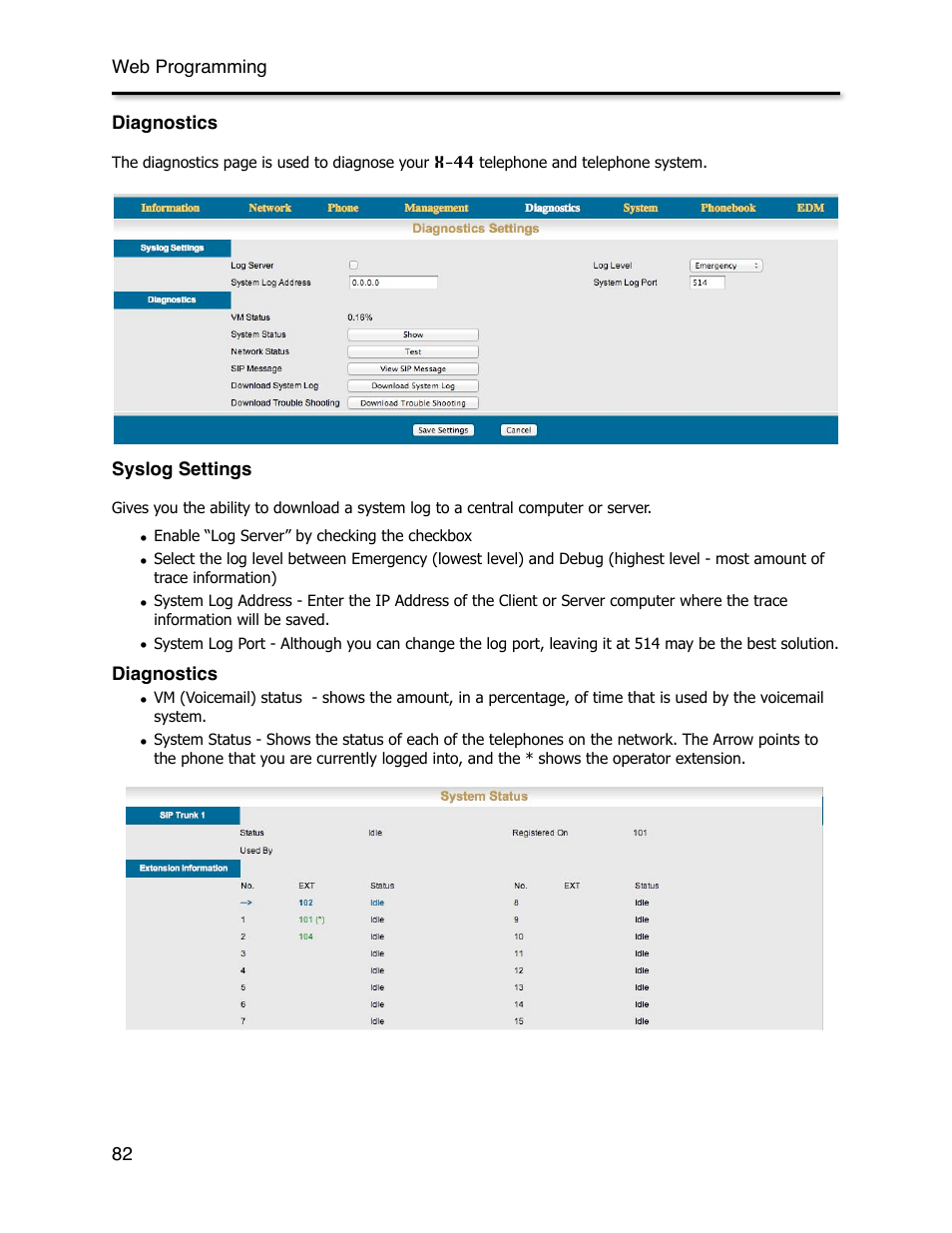 Diagnostics, Syslog settings | Xblue Networks X-44 User Manual | Page 82 / 98