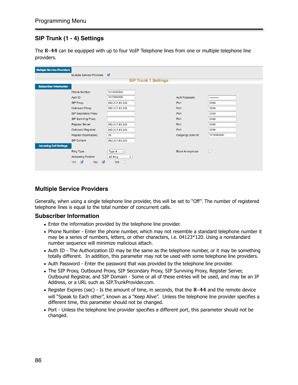 Sip trunk (1 - 4) settings, Multiple service providers, Subscriber information | Xblue Networks X-44 User Manual | Page 86 / 98