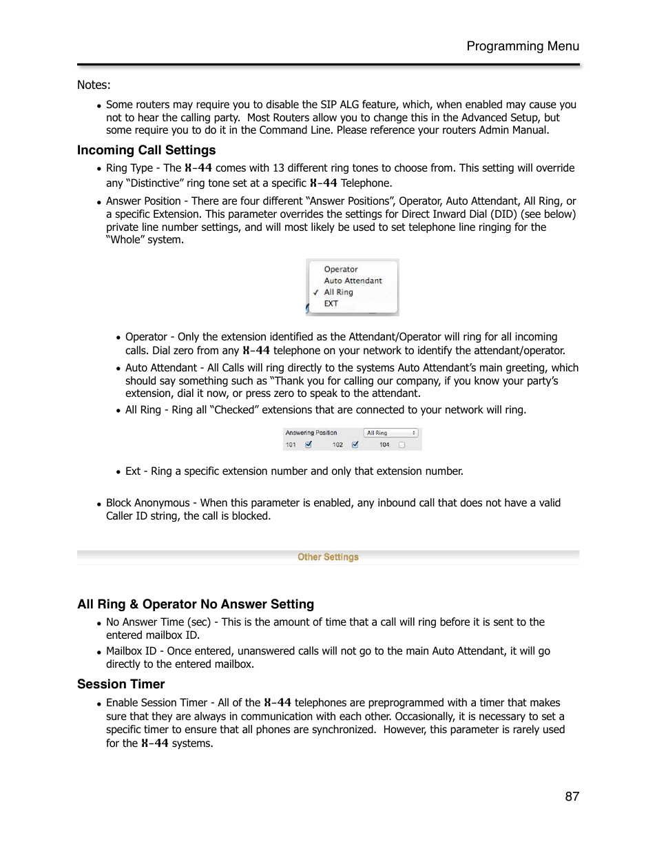 Incoming call settings, All ring & operator no answer setting, Session timer | Xblue Networks X-44 User Manual | Page 87 / 98