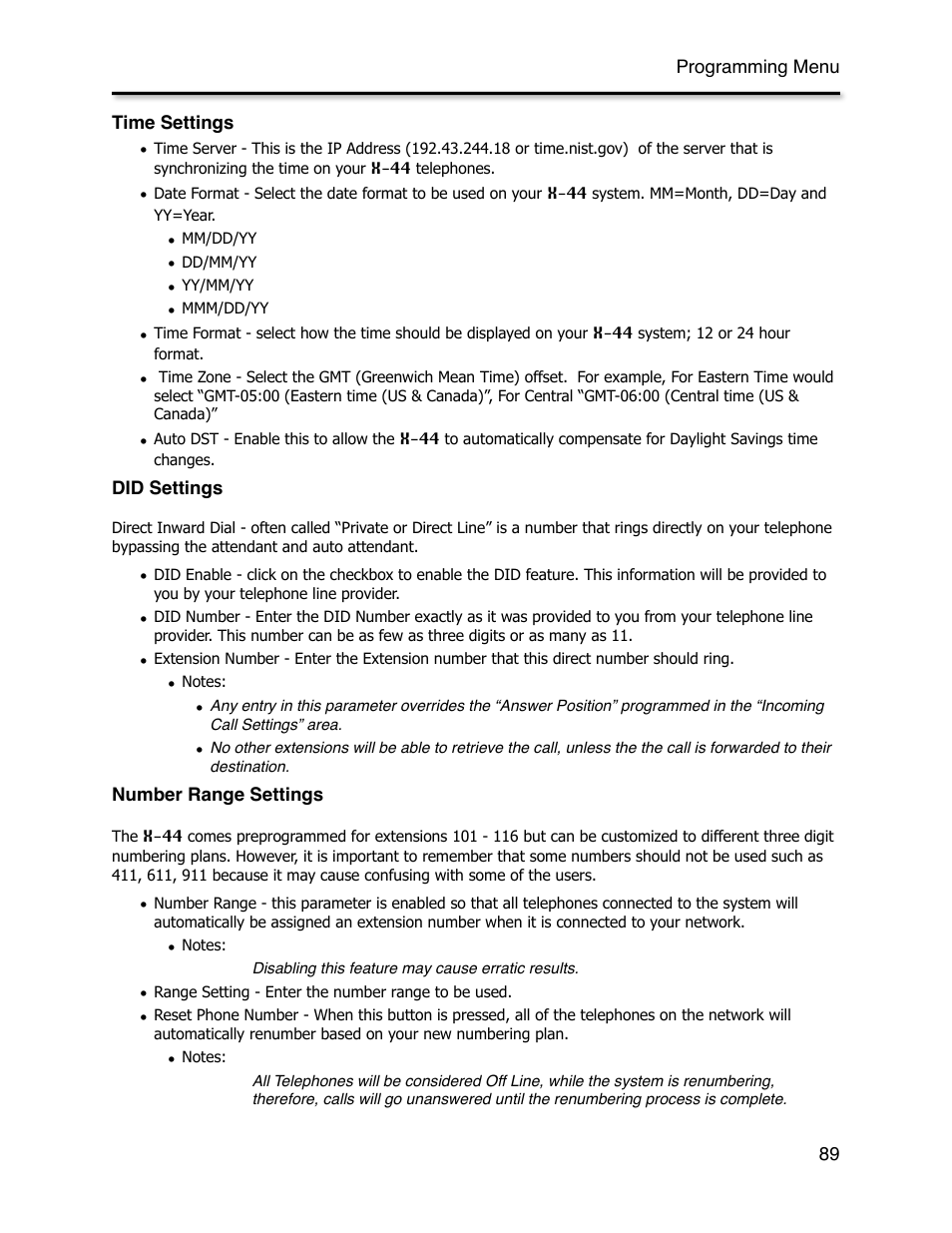Time settings, Did settings, Number range settings | Xblue Networks X-44 User Manual | Page 89 / 98