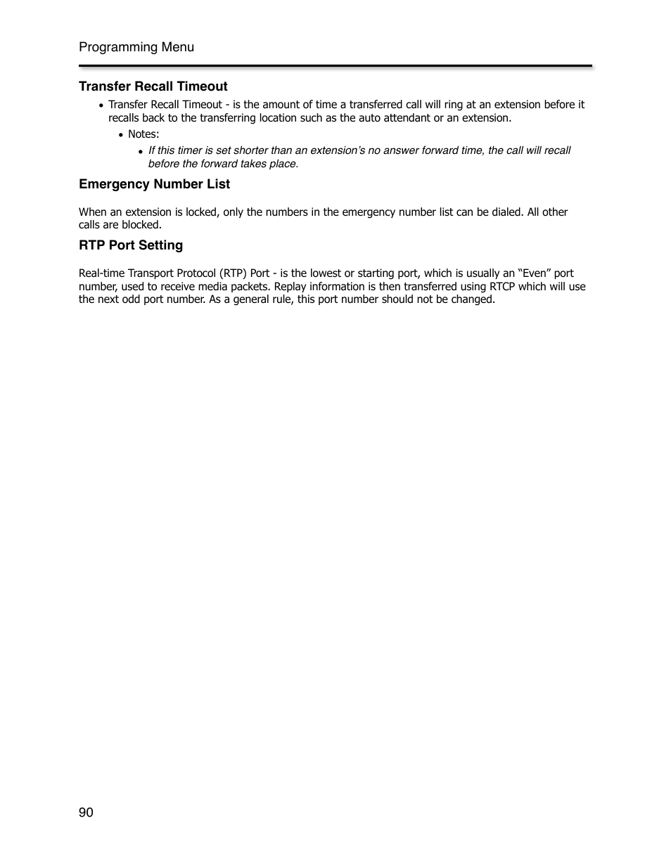 Transfer recall timeout, Emergency number list, Rtp port setting | Xblue Networks X-44 User Manual | Page 90 / 98