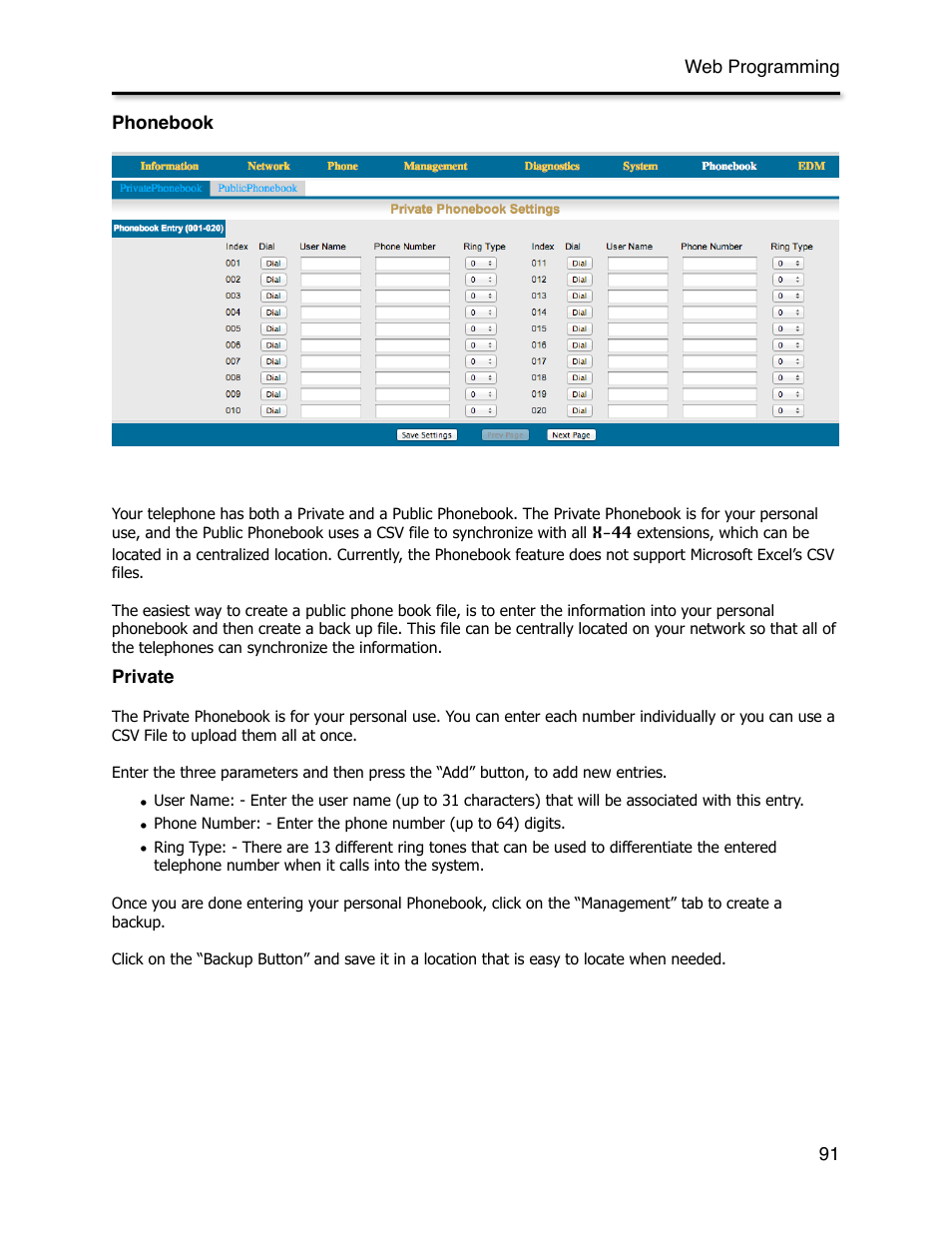 Phonebook, Private | Xblue Networks X-44 User Manual | Page 91 / 98