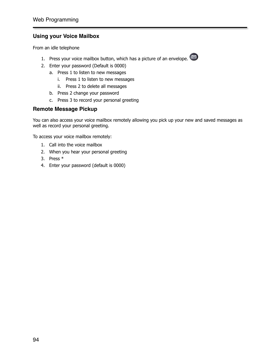 Using your voice mailbox, Remote message pickup | Xblue Networks X-44 User Manual | Page 94 / 98