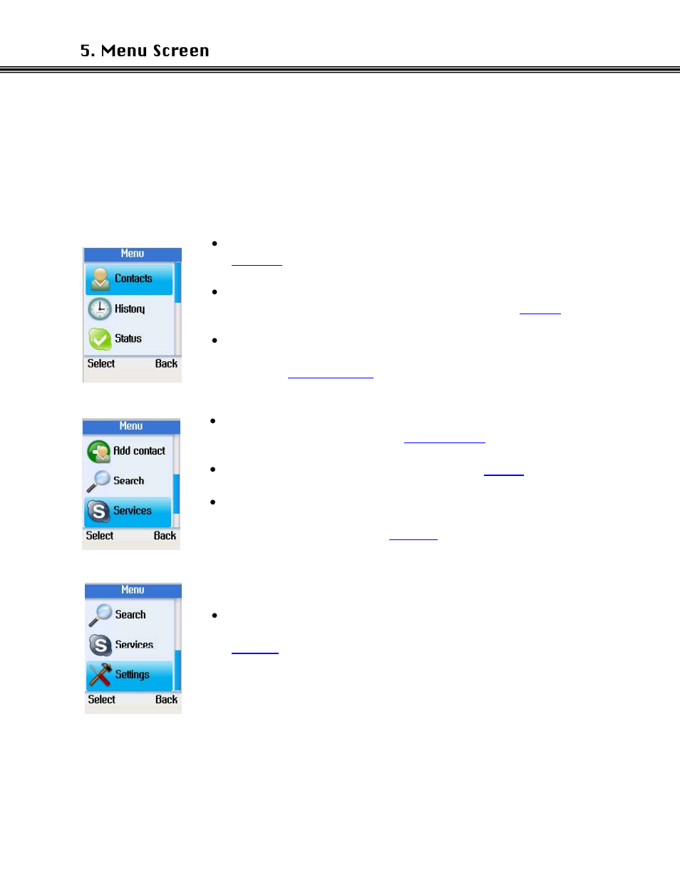 Menu screen | Xblue Networks Skype Phone User Manual | Page 16 / 60