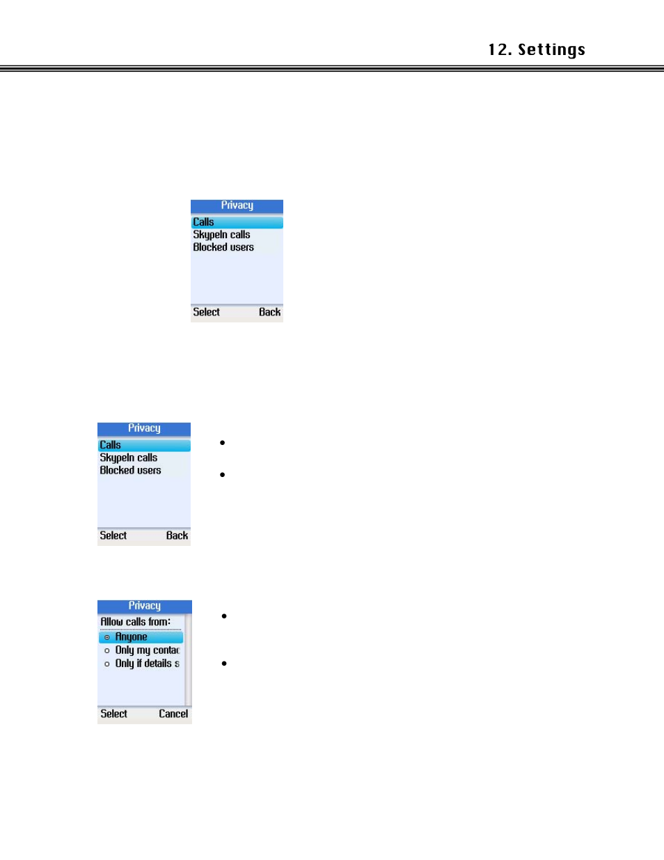 Privacy, Set allowed calls, Rivacy | Xblue Networks Skype Phone User Manual | Page 43 / 60