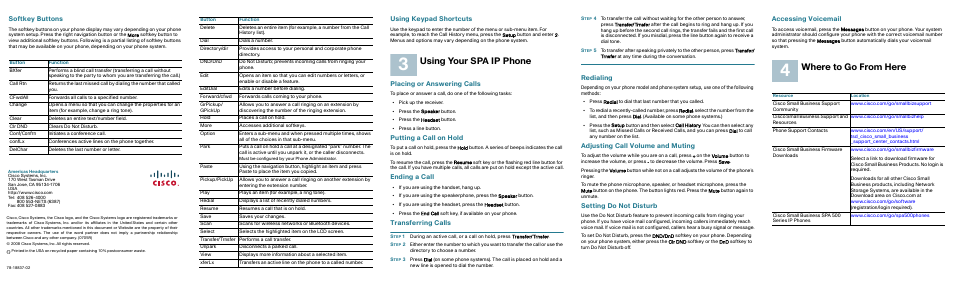 Softkey buttons, Using keypad shortcuts, Using your spa ip phone | Placing or answering calls, Putting a call on hold, Ending a call, Transferring calls, Redialing, Adjusting call volume and muting, Setting do not disturb | Cisco SPA525G User Manual | Page 2 / 2