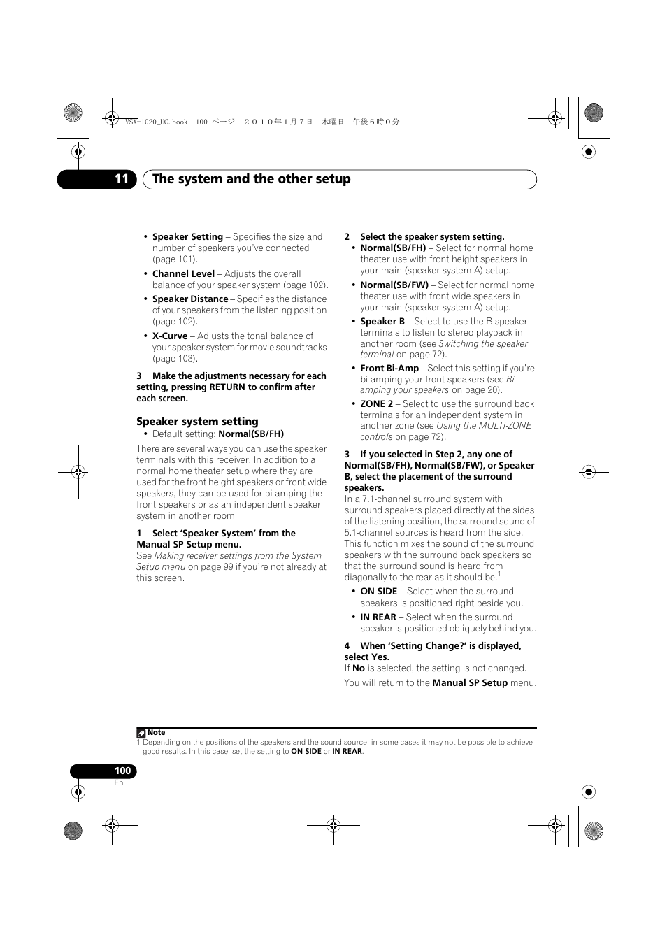 Speaker system setting, 2 select the speaker system setting, 4 when ‘setting change?’ is displayed, select yes | The system and the other setup 11 | Pioneer VSX-1020 User Manual | Page 100 / 260