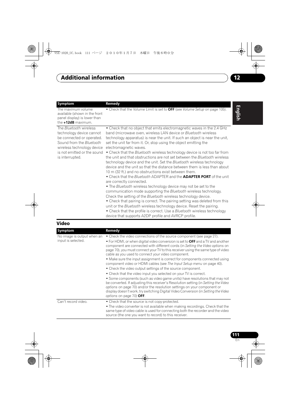 Video, Additional information 12 | Pioneer VSX-1020 User Manual | Page 111 / 260