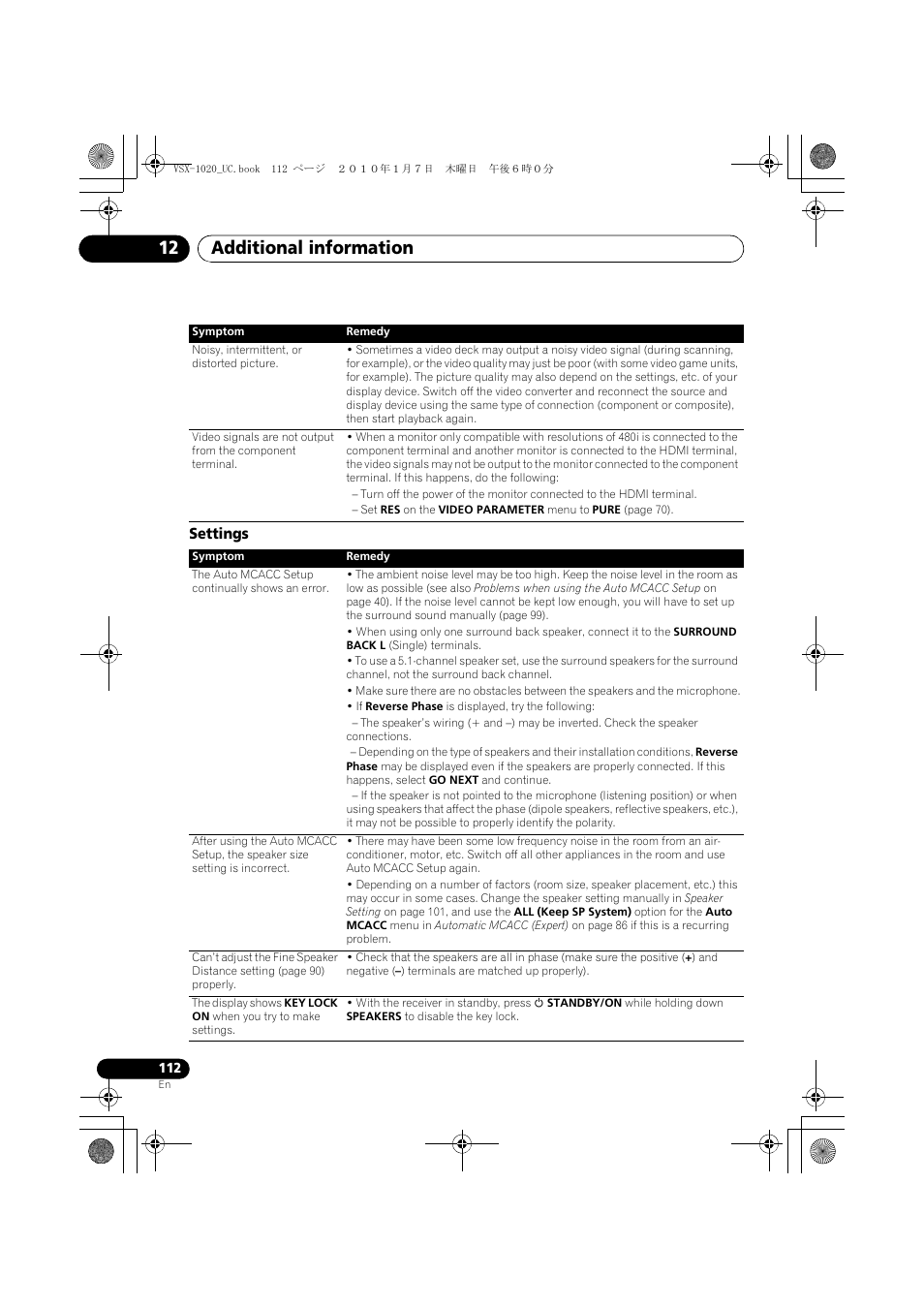Settings, Additional information 12 | Pioneer VSX-1020 User Manual | Page 112 / 260