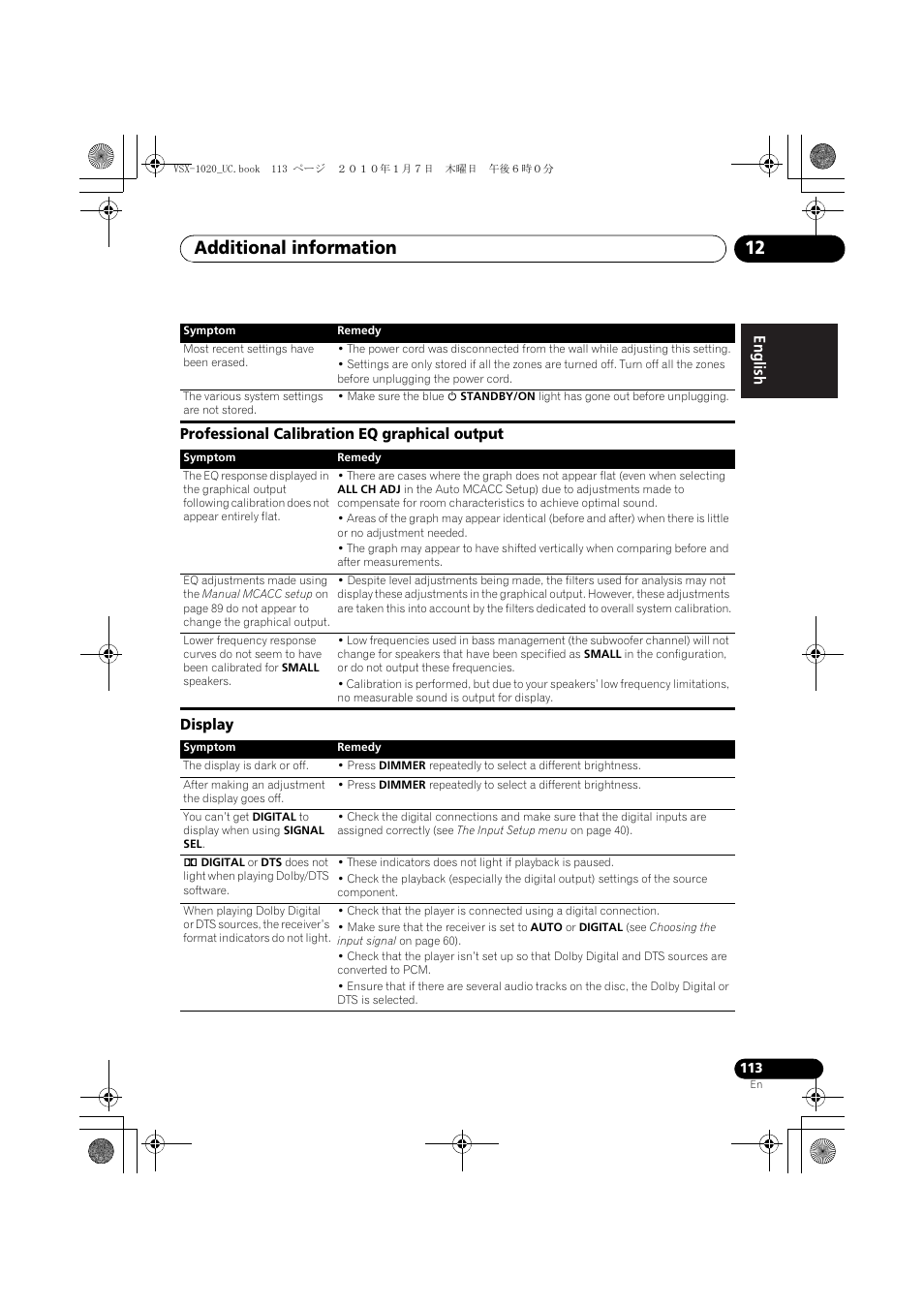 Professional calibration eq graphical output, Display, Additional information 12 | Pioneer VSX-1020 User Manual | Page 113 / 260