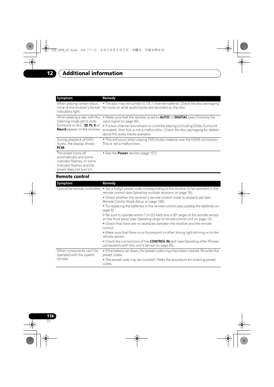 Remote control, Additional information 12 | Pioneer VSX-1020 User Manual | Page 114 / 260