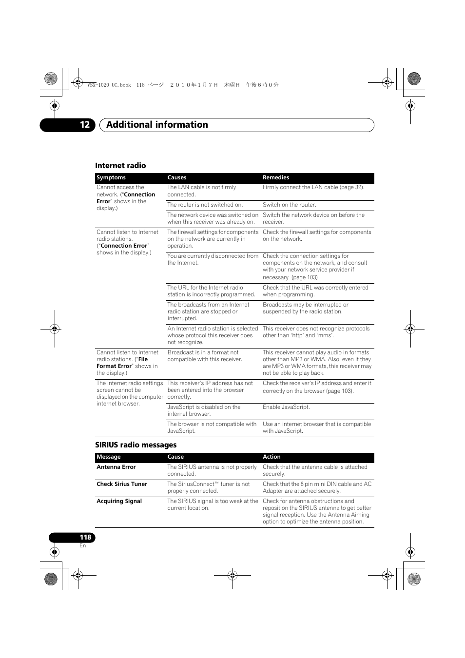 Internet radio, Sirius radio messages, Additional information 12 | Pioneer VSX-1020 User Manual | Page 118 / 260