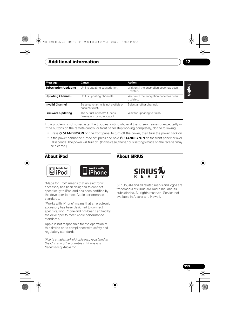 About ipod, About sirius, Additional information 12 | Pioneer VSX-1020 User Manual | Page 119 / 260