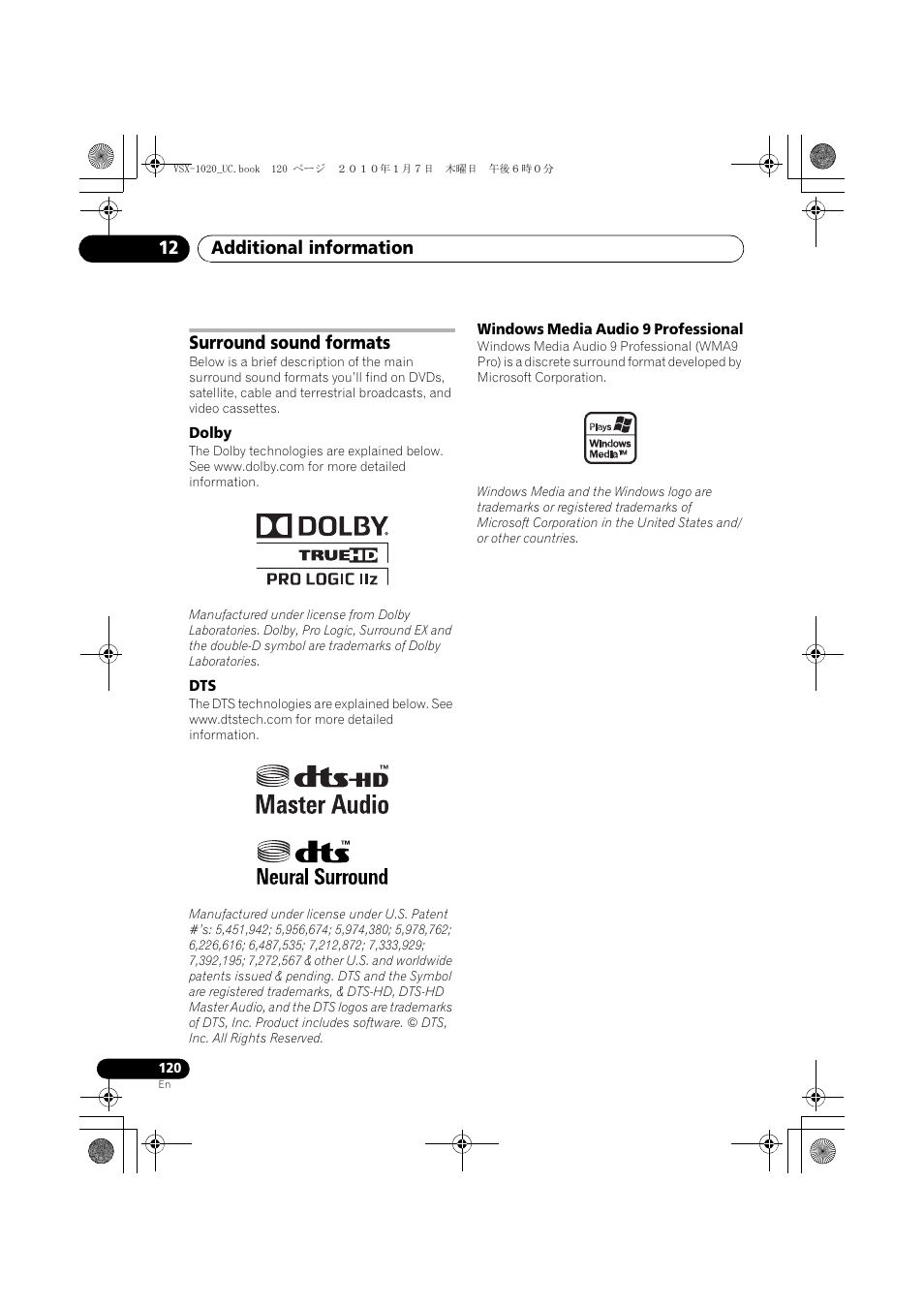 Surround sound formats, Dolby, Windows media audio 9 professional | Additional information 12 | Pioneer VSX-1020 User Manual | Page 120 / 260
