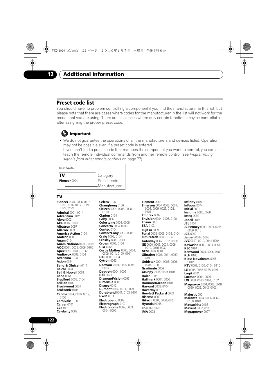 Preset code list, Important, Additional information 12 | Pioneer VSX-1020 User Manual | Page 122 / 260