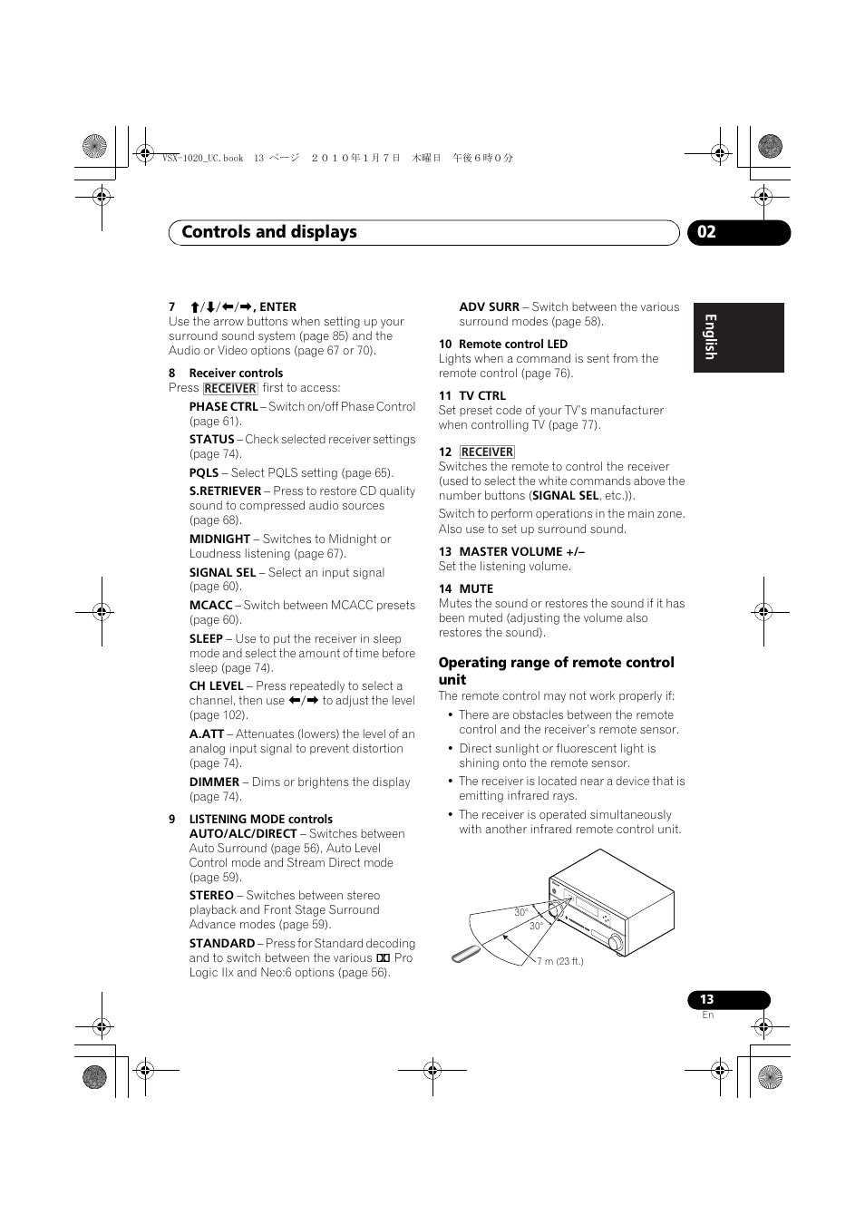 7 i/j/k/l, enter, 8 receiver controls, 9 listening mode controls | 10 remote control led, 11 tv ctrl, 13 master volume, 14 mute, Operating range of remote control unit, Controls and displays 02 | Pioneer VSX-1020 User Manual | Page 13 / 260