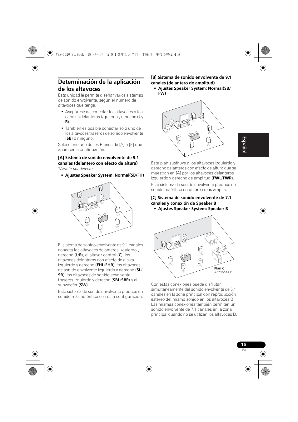 Determinación de la aplicación de los altavoces, Ajuste por defecto, English español | Pioneer VSX-1020 User Manual | Page 143 / 260