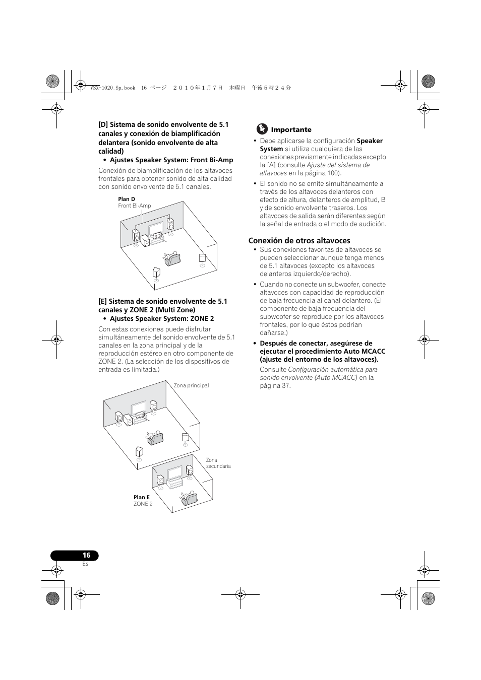 Importante, Conexión de otros altavoces | Pioneer VSX-1020 User Manual | Page 144 / 260