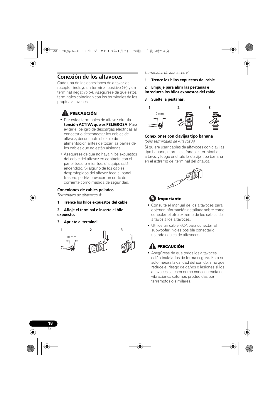 Conexión de los altavoces, Precaución, Conexiones de cables pelados | Terminales de altavoces a, 1 trence los hilos expuestos del cable, 2 afloje el terminal e inserte el hilo expuesto, 3 apriete el terminal, Terminales de altavoces b, 3 suelte la pestañas, Conexiones con clavijas tipo banana | Pioneer VSX-1020 User Manual | Page 146 / 260