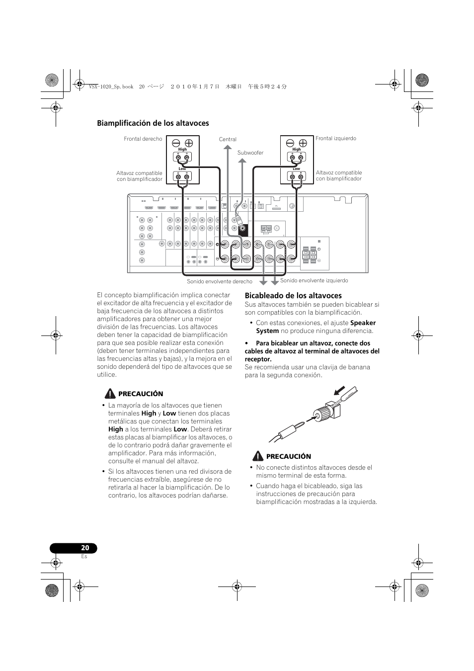 Biamplificación de los altavoces, Precaución, Bicableado de los altavoces | Pioneer VSX-1020 User Manual | Page 148 / 260