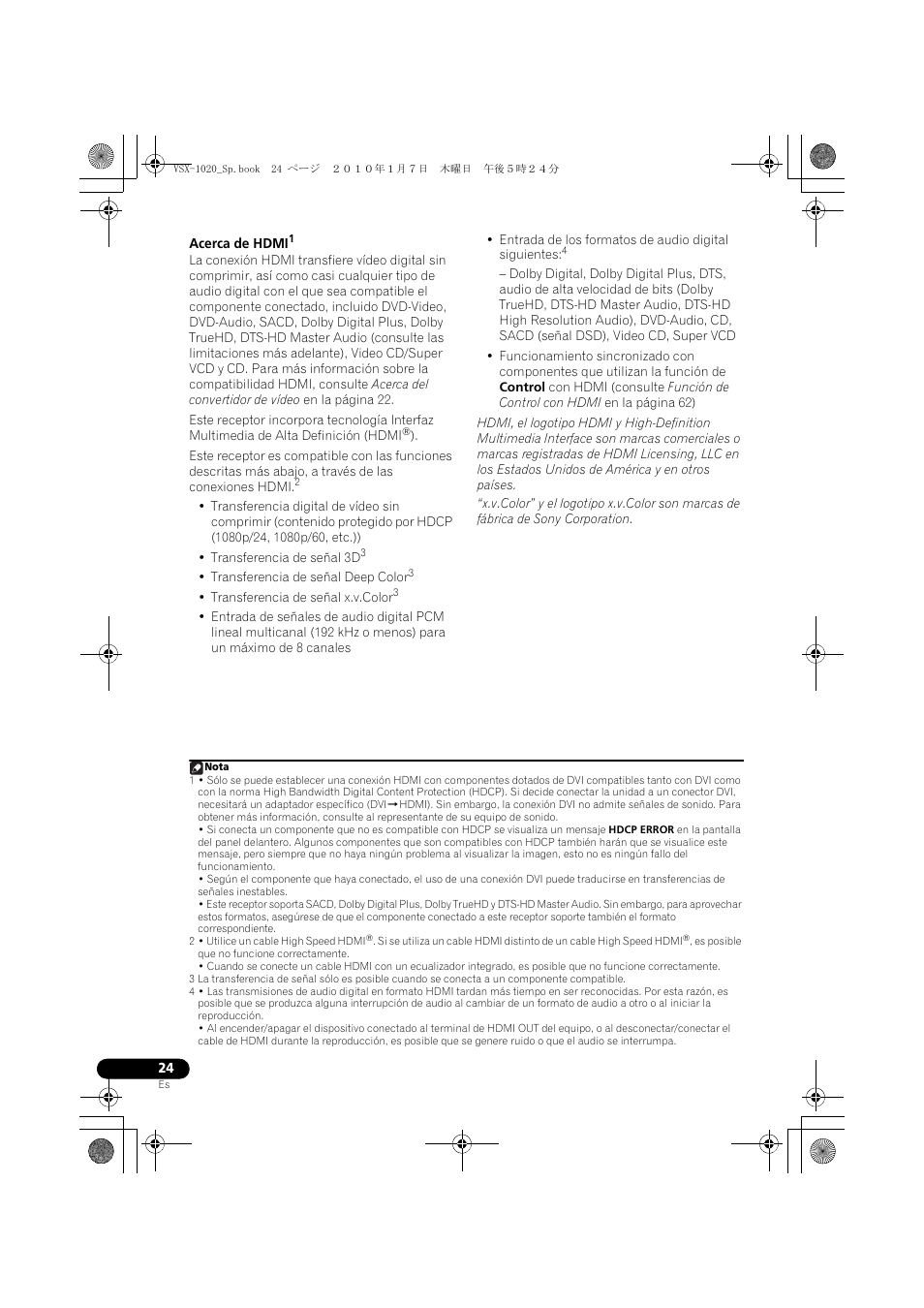 Acerca de hdmi | Pioneer VSX-1020 User Manual | Page 152 / 260