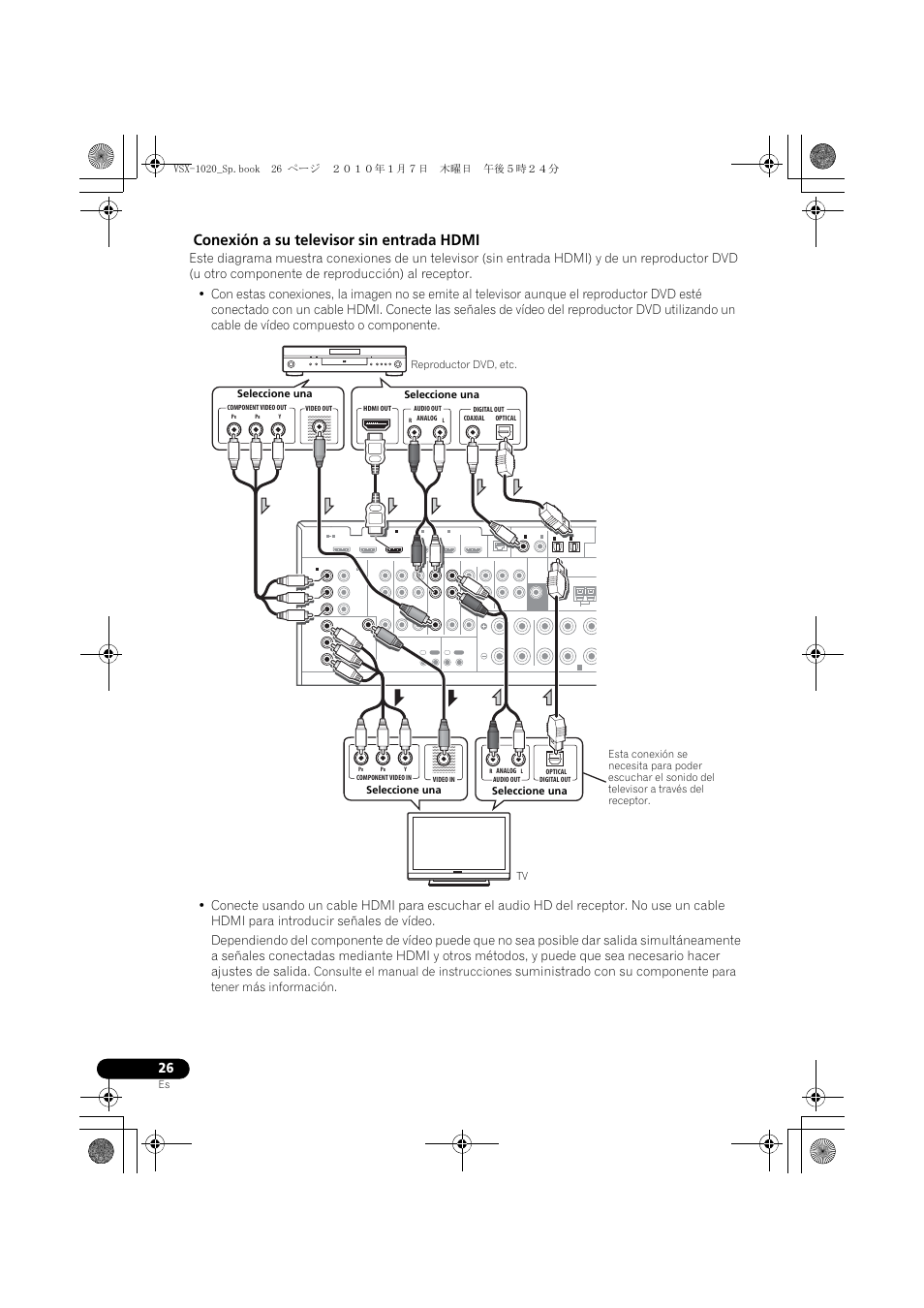 Conexión a su televisor sin entrada hdmi, Suministrado con su componente, Consulte el manual de instrucciones | Para tener más información | Pioneer VSX-1020 User Manual | Page 154 / 260