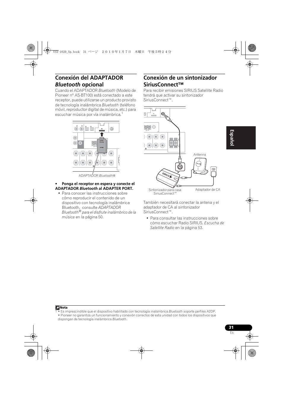 Conexión del adaptador bluetooth opcional, Conexión de un sintonizador siriusconnect, English español | Adaptador bluetooth | Pioneer VSX-1020 User Manual | Page 159 / 260