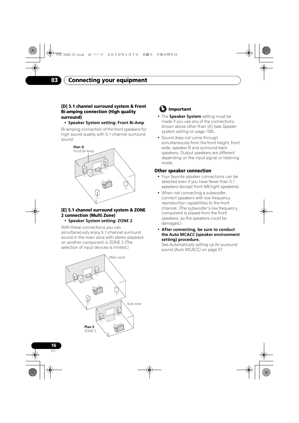 Important, Other speaker connection, Connecting your equipment 03 | Pioneer VSX-1020 User Manual | Page 16 / 260