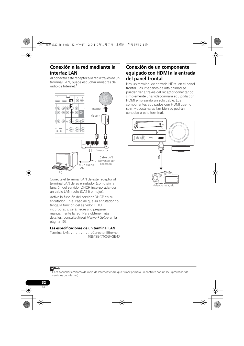 Conexión a la red mediante la interfaz lan, Las especificaciones de un terminal lan | Pioneer VSX-1020 User Manual | Page 160 / 260