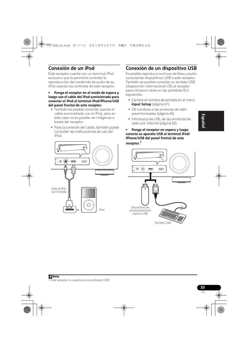 Conexión de un ipod, Conexión de un dispositivo usb, English español | Pioneer VSX-1020 User Manual | Page 161 / 260