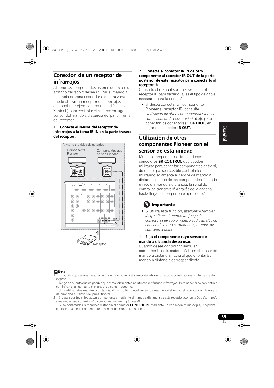 Conexión de un receptor de infrarrojos, Importante, English español | Pioneer VSX-1020 User Manual | Page 163 / 260