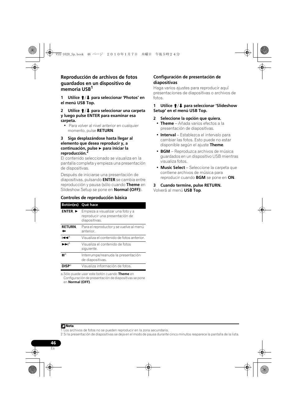 Controles de reproducción básica, Configuración de presentación de diapositivas, 2 seleccione la opción que quiera | 3 cuando termine, pulse return | Pioneer VSX-1020 User Manual | Page 174 / 260