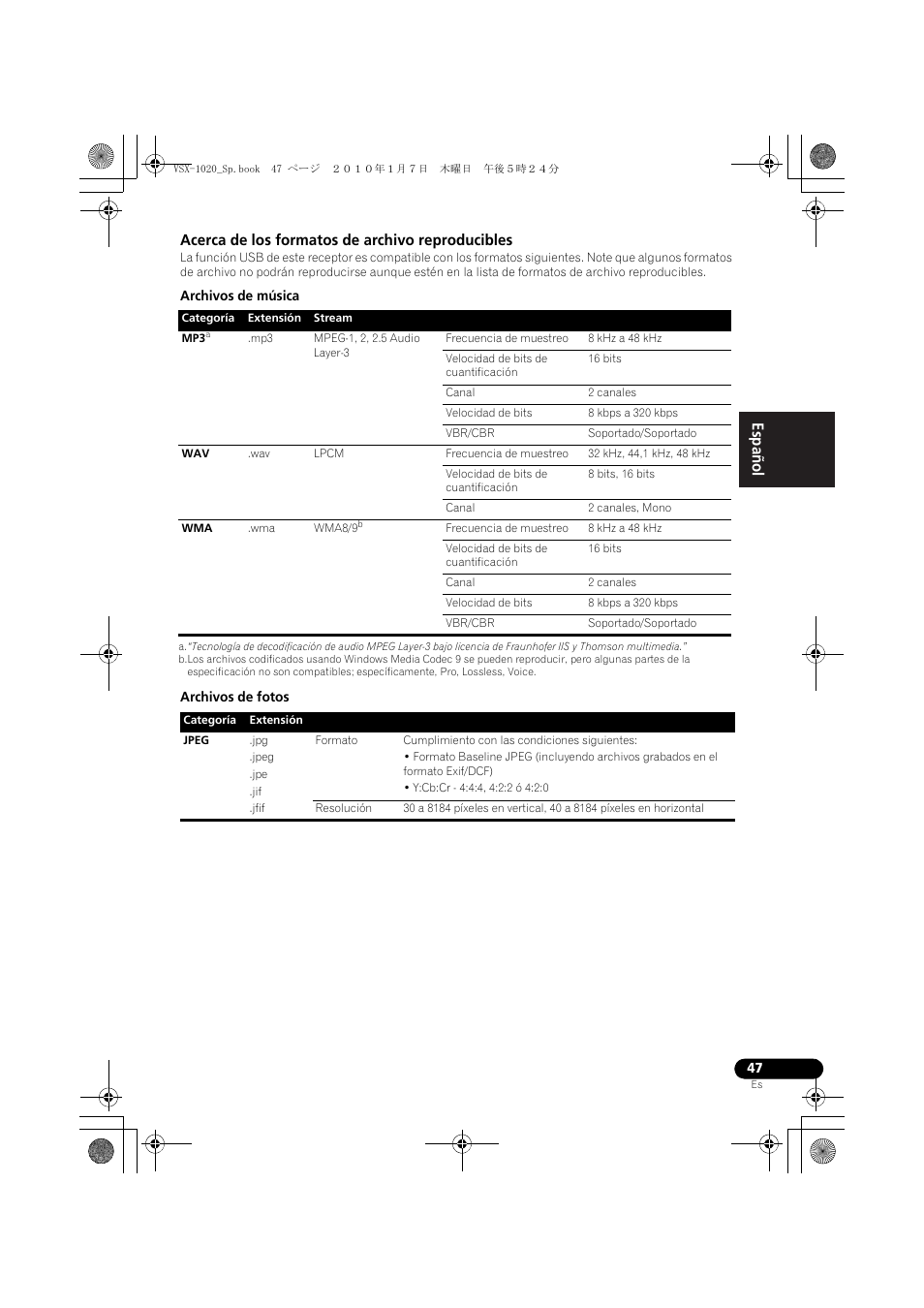 Acerca de los formatos de archivo reproducibles, Archivos de música, Archivos de fotos | English español | Pioneer VSX-1020 User Manual | Page 175 / 260