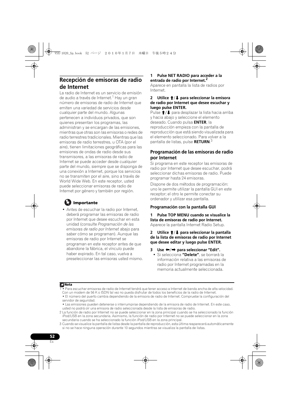 Recepción de emisoras de radio de internet, Importante, Programación de las emisoras de radio por internet | Programación con la pantalla gui, 3 use k/l para seleccionar “edit | Pioneer VSX-1020 User Manual | Page 180 / 260