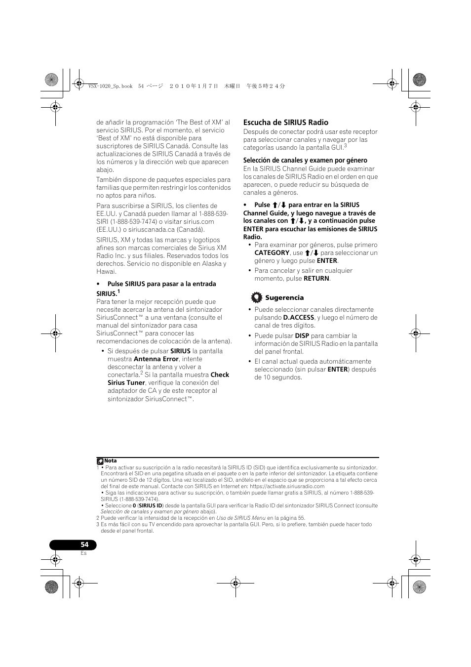 Pulse sirius para pasar a la entrada sirius, Escucha de sirius radio, Selección de canales y examen por género | Sugerencia | Pioneer VSX-1020 User Manual | Page 182 / 260