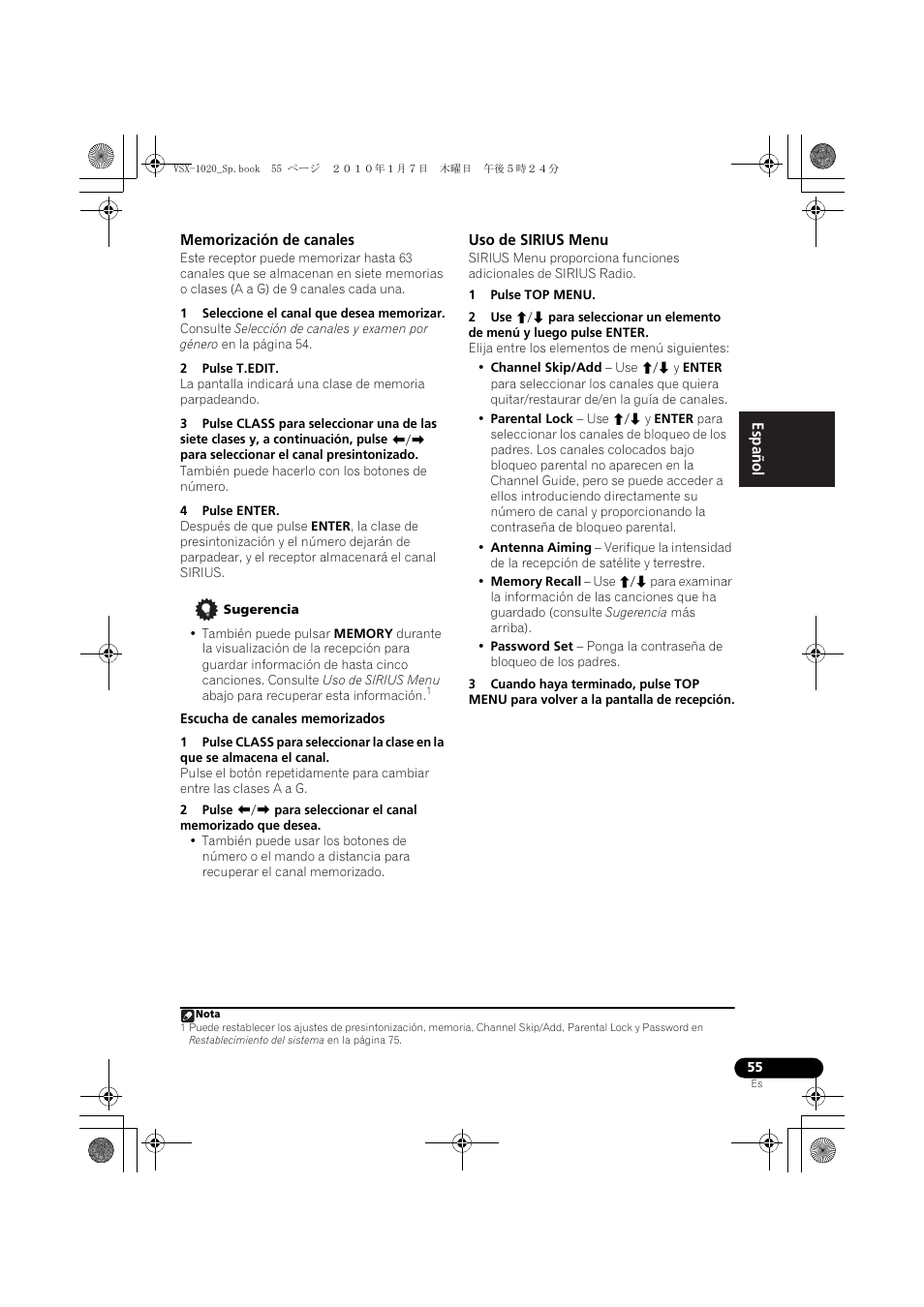 Memorización de canales, 1 seleccione el canal que desea memorizar, 2 pulse t.edit | 4 pulse enter, Sugerencia, Escucha de canales memorizados, Uso de sirius menu, 1 pulse top menu | Pioneer VSX-1020 User Manual | Page 183 / 260