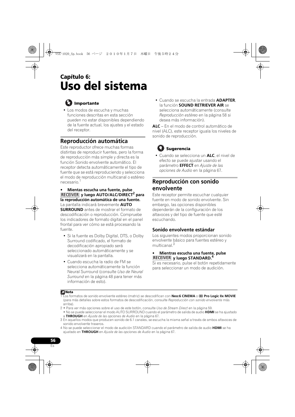 Uso del sistema, Importante, Reproducción automática | Sugerencia, Reproducción con sonido envolvente, Sonido envolvente estándar, 06 uso del sistema, Capítulo 6 | Pioneer VSX-1020 User Manual | Page 184 / 260