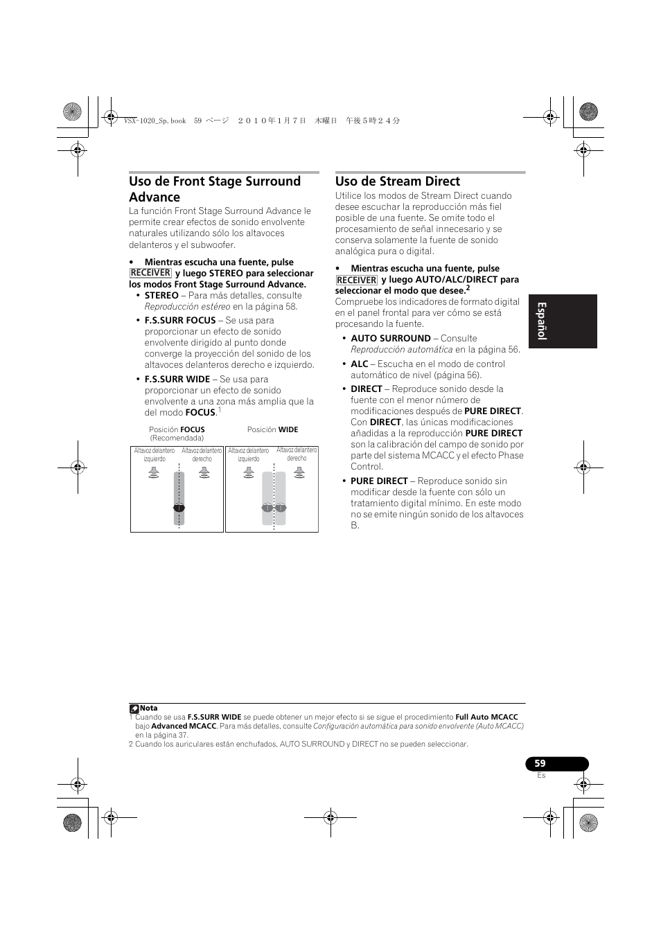Uso de front stage surround advance, Uso de stream direct, English español | Pioneer VSX-1020 User Manual | Page 187 / 260