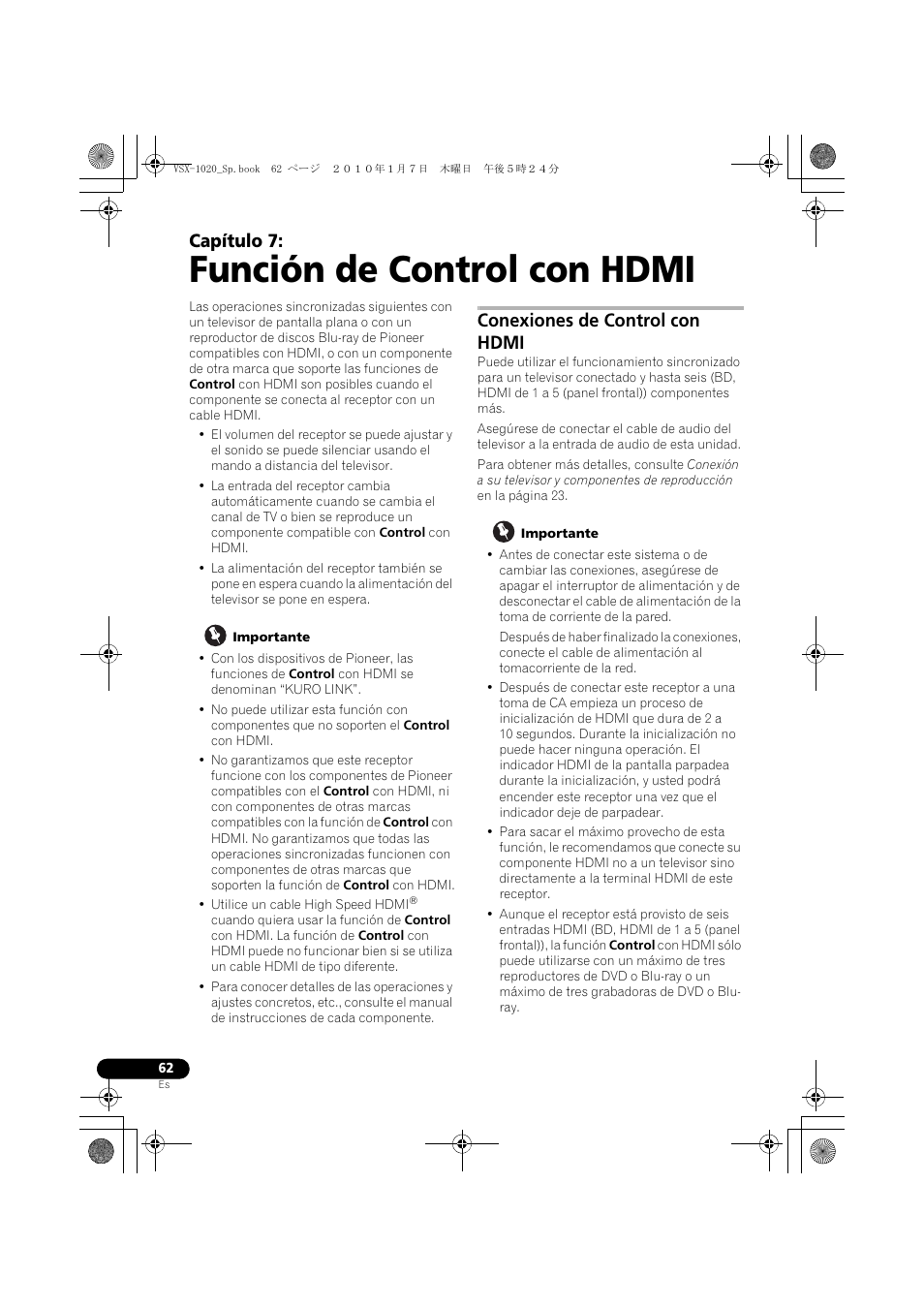 Función de control con hdmi, Importante, Conexiones de control con hdmi | 07 función de control con hdmi, Capítulo 7 | Pioneer VSX-1020 User Manual | Page 190 / 260