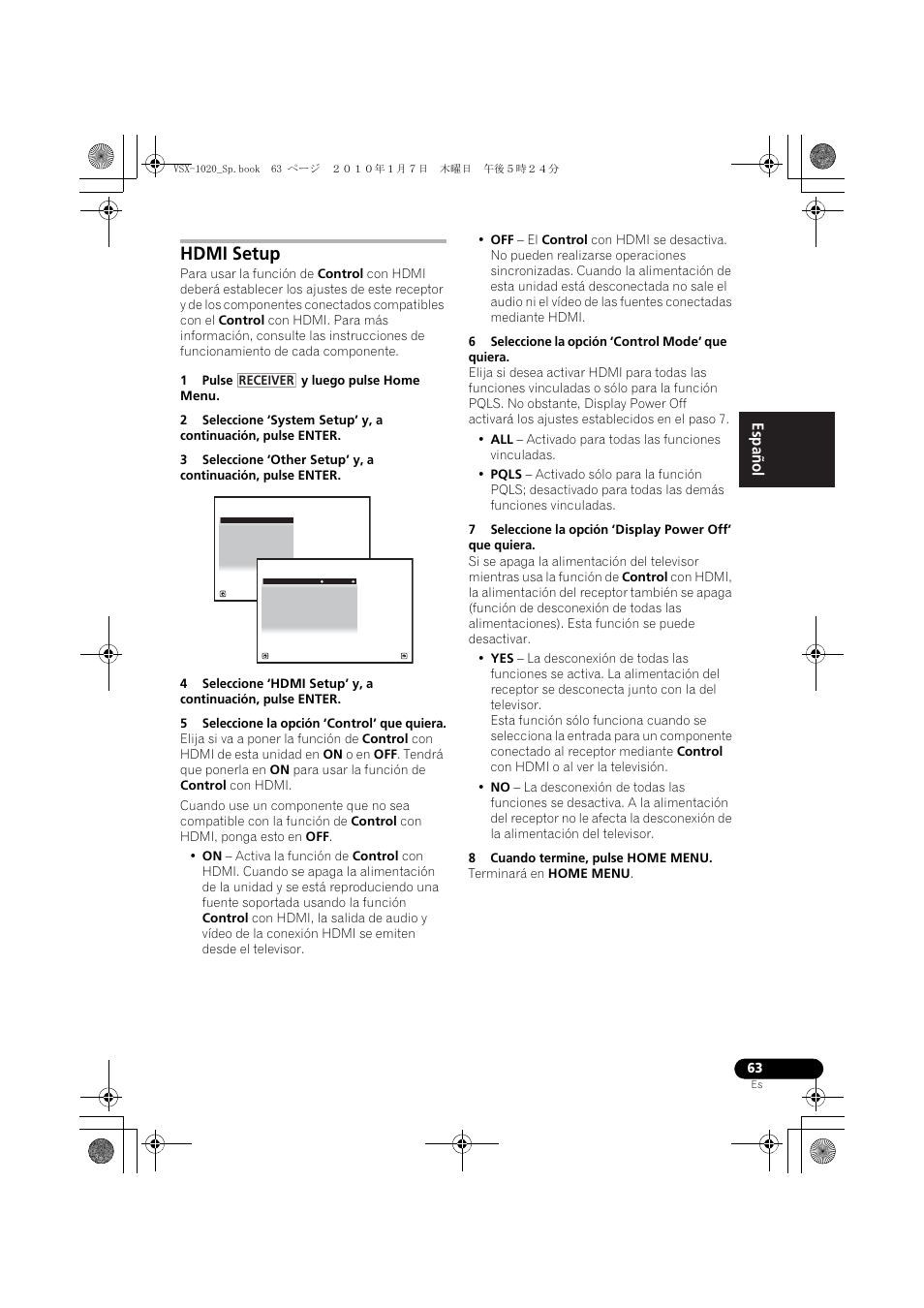 Hdmi setup, 1 pulse y luego pulse home menu, 5 seleccione la opción ‘control’ que quiera | 6 seleccione la opción ‘control mode’ que quiera, 8 cuando termine, pulse home menu, English español | Pioneer VSX-1020 User Manual | Page 191 / 260