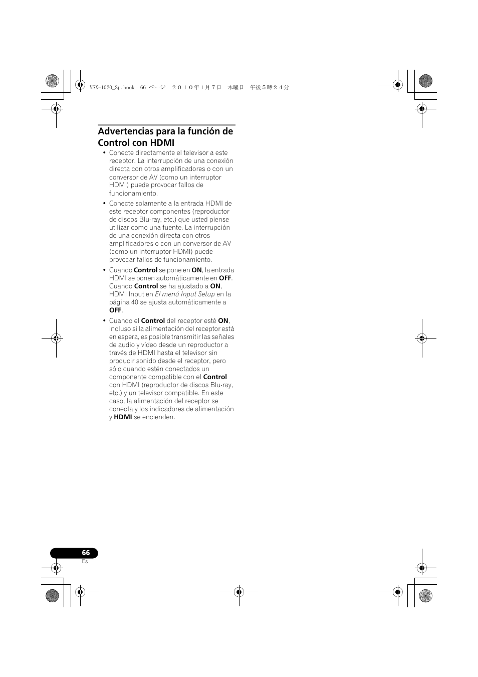 Advertencias para la función de control con hdmi | Pioneer VSX-1020 User Manual | Page 194 / 260