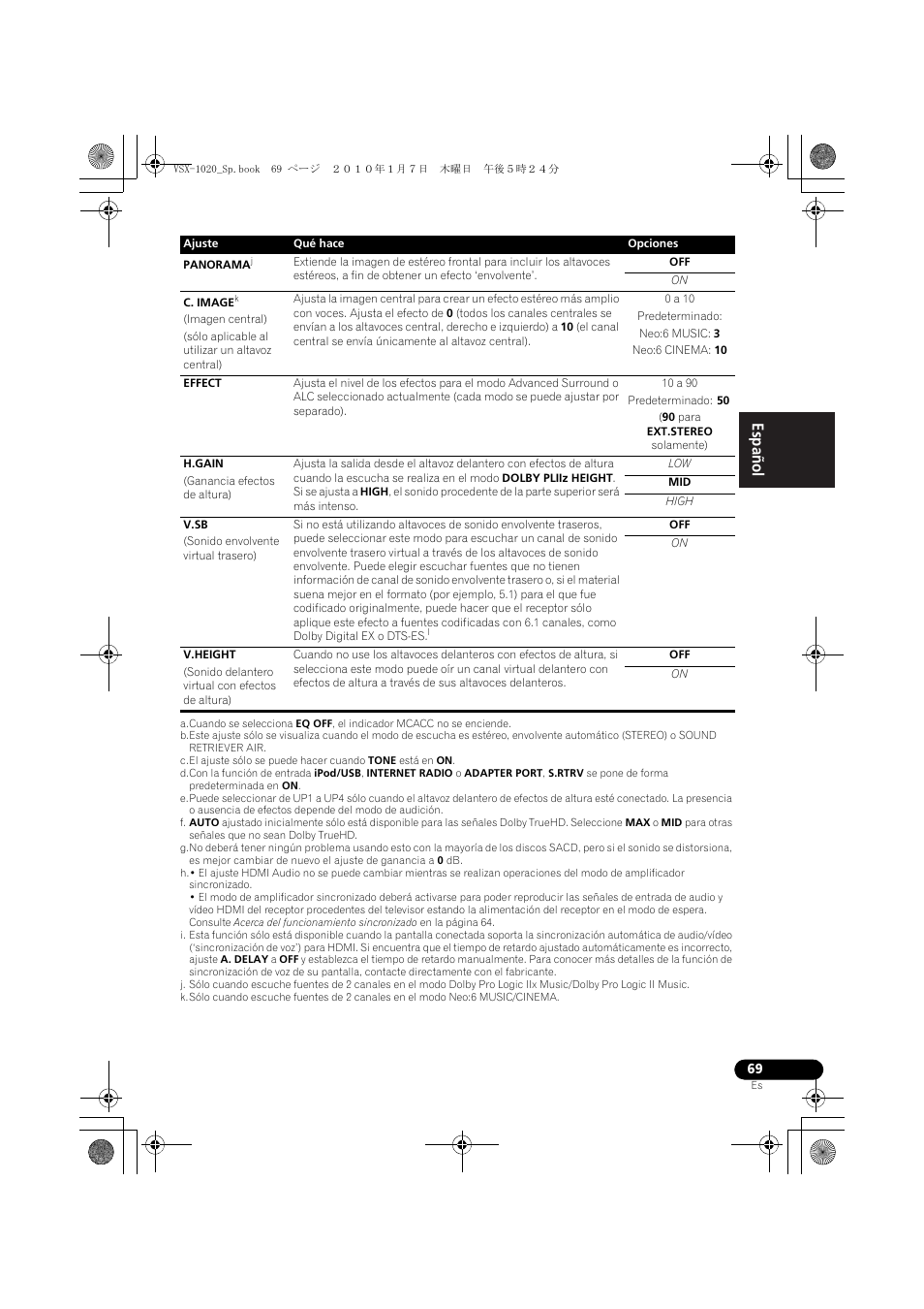 0 a 10, Predeterminado, Neo:6 music: 3 | Neo:6 cinema: 10, 10 a 90, Predeterminado: 50, 90 para ext.stereo solamente), High, English español | Pioneer VSX-1020 User Manual | Page 197 / 260