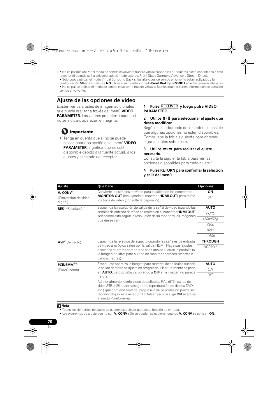 Ajuste de las opciones de vídeo, Importante, 1 pulse y luego pulse video parameter | 3 utilice k/l para realizar el ajuste necesario, Auto, Pure, 480p/576p, 720p, 1080i, 1080p | Pioneer VSX-1020 User Manual | Page 198 / 260